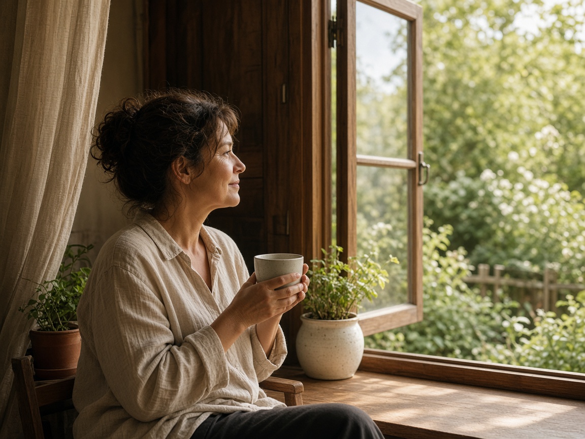 A quiet morning at home, coffee in hand, the day still open.